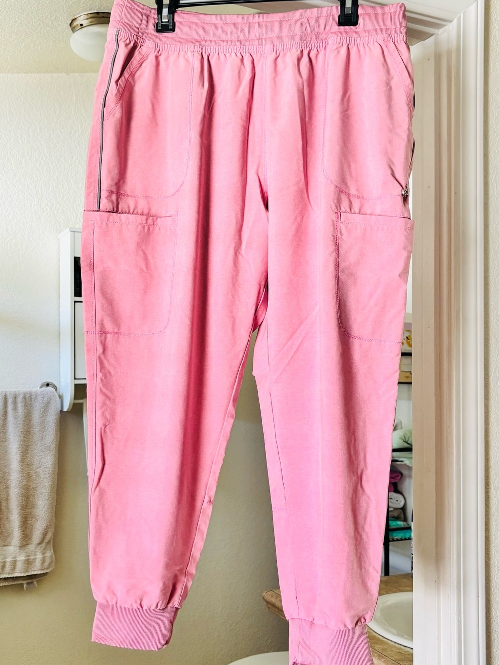 Women's Pink Cargo Jogger Pants - Elastic Waist & Cuffed Ankles